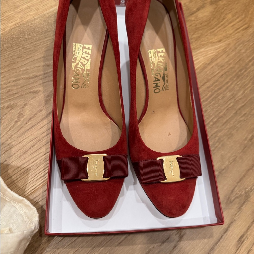 Salvatore Ferragamo Burgundy Suede Heels with Gold Buckle